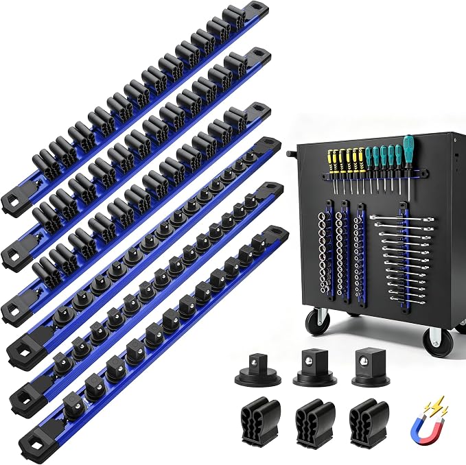 Reniteco 6-Piece Magnetic Socket Organizer and Screwdriver Organizer Set | 3-Piece 1/4", 3/8" & 1/2" Drive Socket Rails, 3-Piece Wrench Screwdriver Holder, Interchangeable Clips, Aluminum Alloy Rail