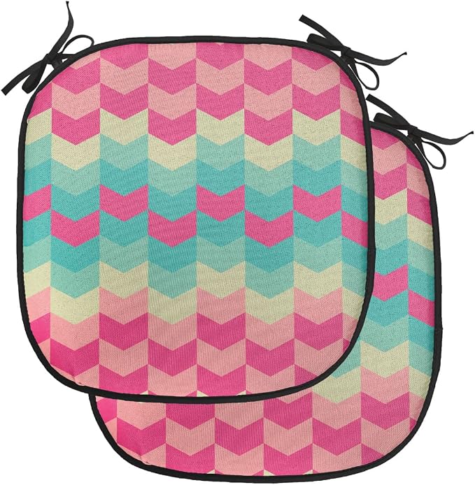 Lunarable Geometric Chair Cushion Pads Set of 2, Retro Pattern Mexican Flora Bohemian Contemporary Art Illustration, Anti-Slip Seat Padding for Kitchen & Patio, 16"x16", Pink Pale Pink Turquoise