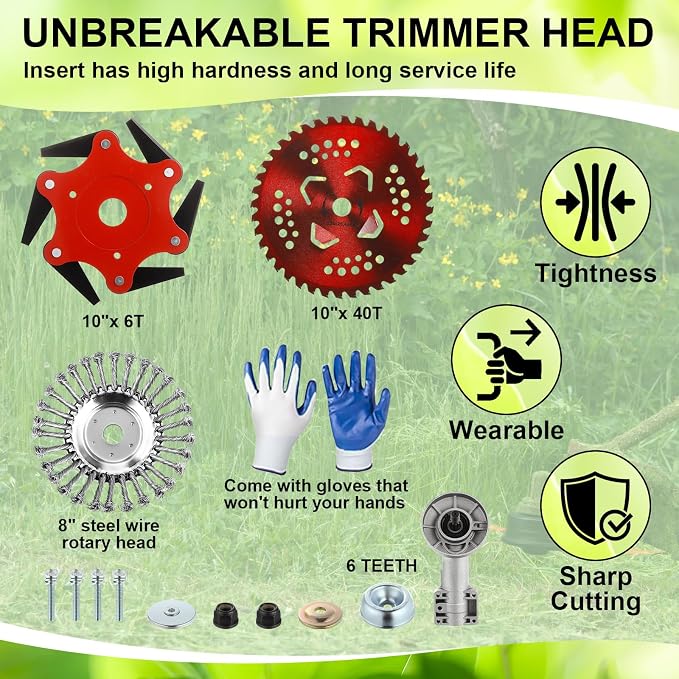 Duraaamo 7 Pcs Brush Cutter Kit Include 10" x 40T Carbide Tipped Blades, 10" x 6T Blades with Adapter Kit, 8 Inch Steel Wire Rotary Head and Trimmer Head Replacement