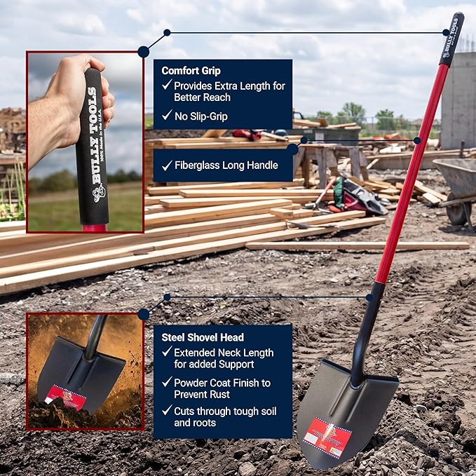 Bully Tools Round Point Heavy Duty Shovel - 12-Gauge Fiberglass Long Handle, Strong Metal Construction, Ideal for Gardening, Digging and Landscaping, Square and Flat Head Design - 100% Made in the USA