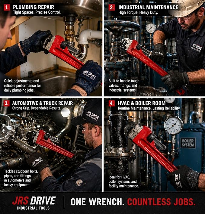 Heavy Duty Pipe Wrench, 18 Inch Adjustable Straight Plumbing Wrench, Hardened Steel Jaws with Professional Cast Iron Handle for Industrial, Construction, and Home Maintenance E-2049