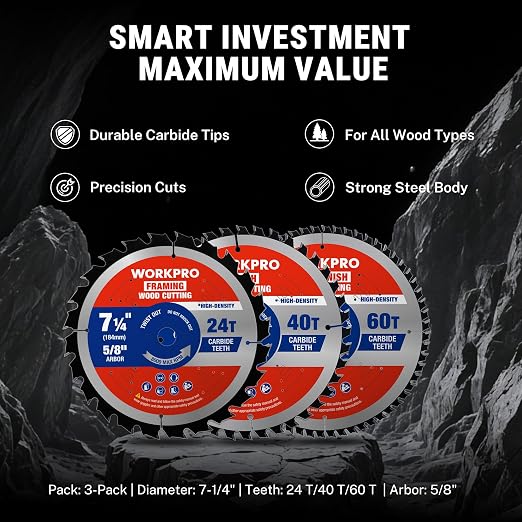 WORKPRO 7-1/4 Inch Woodworking Circular Saw Blades, 24T/40T/60T Framing, General & Finish Combo, Thin Kerf, Carbide Tipped, ATB Tooth, 3-Pack