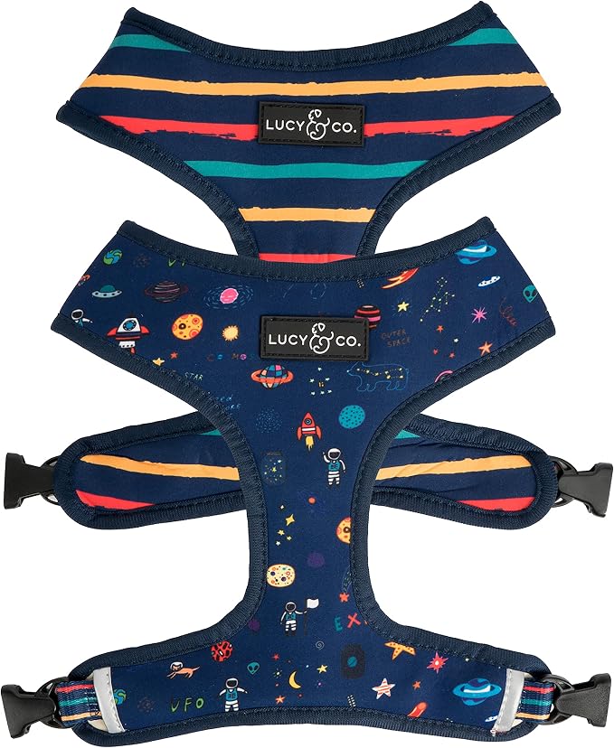 Lucy & Co. Reversible Dog Harness - Water-Repellent Neoprene, Dual-Print Design, Easy Swap Style, Adjustable Comfort Fit - Space Doodle Reversible Harness - Large