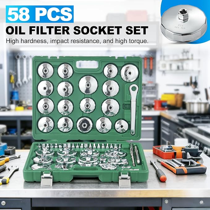 58PCS Oil Filter Wrench Set Stainless Steel 1/2" Drive Cup Remover Tool | Type Remover Tool with Drain Plug Sockets for Car, SUV(Green)