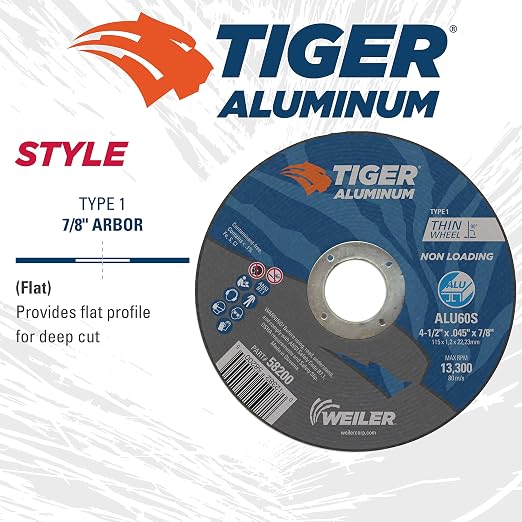 Weiler 58200 4-1/2 Inch Cutting Wheel, Tiger Aluminum Non-loading Contaminant-free High Performance Cutting, .045" ALU60S Type 1 7/8" Arbor, Pack of 25