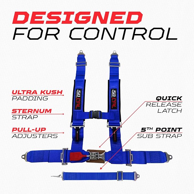 1pc 50 Cal Blue 5 Point Harness w/ 2" Straps, Racing Harness Seat Belt | Ultra Kush padding, Race latch quick release hardware. Universal Fit for UTV, RZR, race car. Part# 6009A6