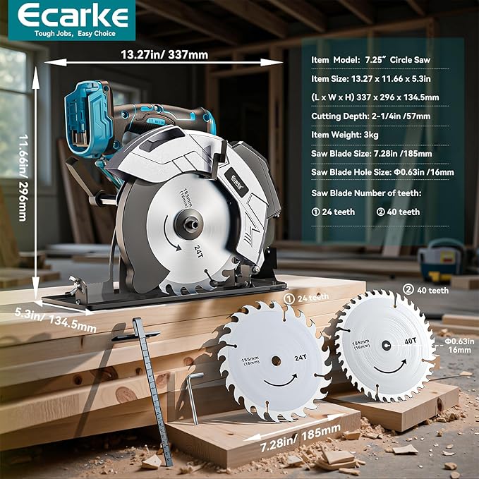 Ecarke Cordless Circular Saw 7-1/4" Compatible with Makita 18v Battery(Bare Tool), 5000RPM Electric Circular Saw with Laser Guide, 2 Blades(24T & 40T), 0-45° Bevel Cutting, Max 2-1/4" Depth for Wood