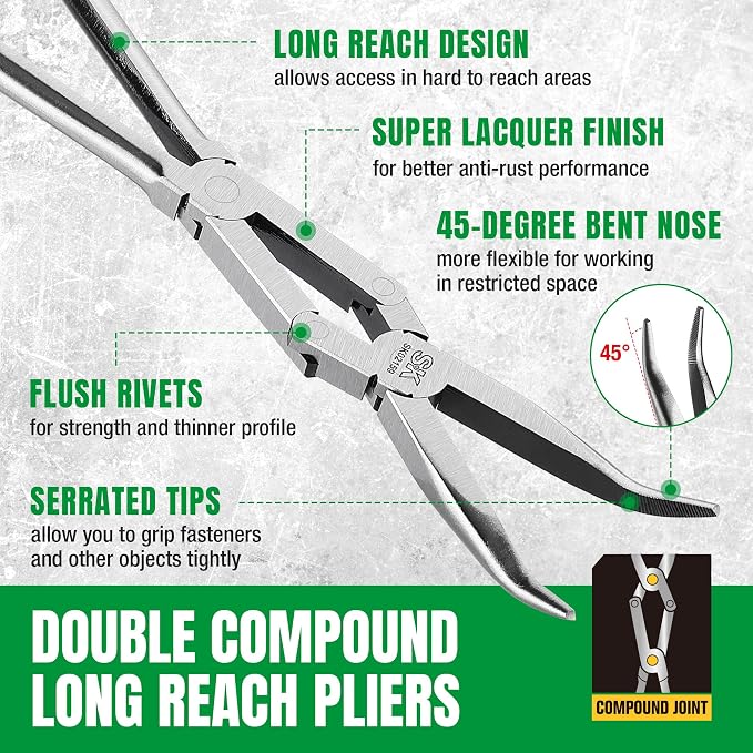 SK 2-Piece Long Needle Nose Pliers, 13'' Double Compound Long Nose Pliers