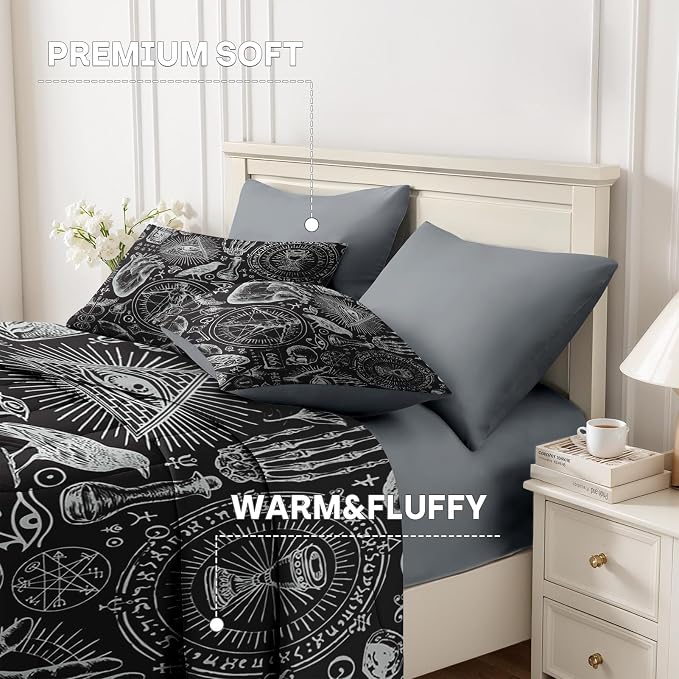Nesker Comforter Set King Size, Vintage Halloween 7 Pcs Bedding for Kids and Adults, Mysticism Alchemy Bed Sheet Sets with Fitted Sheet 2 Pillowcases & 2 Shams