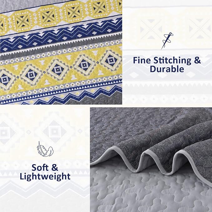 WONGS BEDDING 3 Pieces Quilt Set Queen Size, Grey Yellow Quilt Bedspread Lightweight Bohemian Coverlet Set with 2 Pillowcase, Soft Geometry Printed Bedding Set Queen for All Season 96"×90"