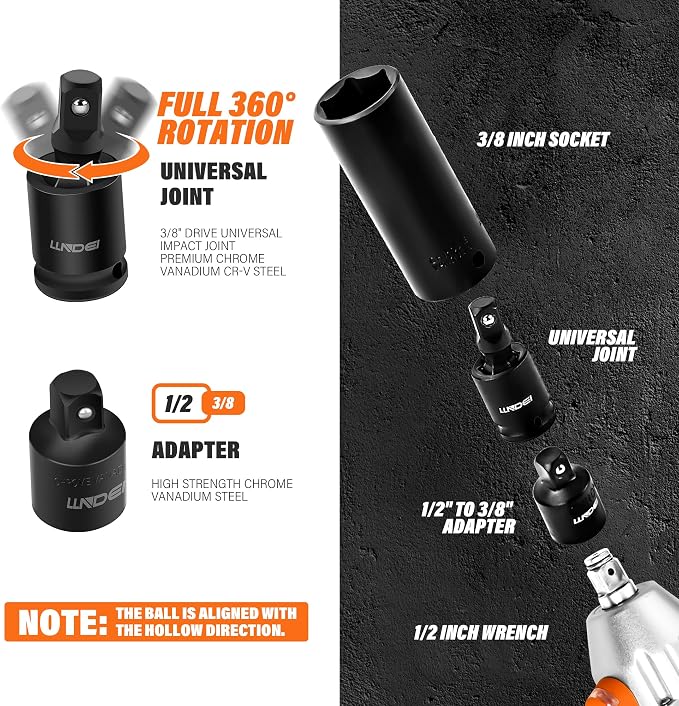 3/8" Drive 48Pc Impact Socket Set SAE/Metric Fits Various Wrenches | SAE and Metric (5/16"- 3/4", 8-22mm), Extension Bar (3-in, 6-in), 1/2"F to 3/8"M Reducer Universal Joint