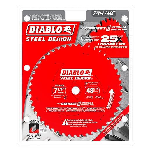Diablo Steel Demon Cermet II Saw Blade - 7-1/4" Diameter, 48 TCG Teeth | 5/8" Arbor, .075" Kerf, 2° Hook Angle - Ideal for Cutting Metals and Stainless Steels - D0748CFA