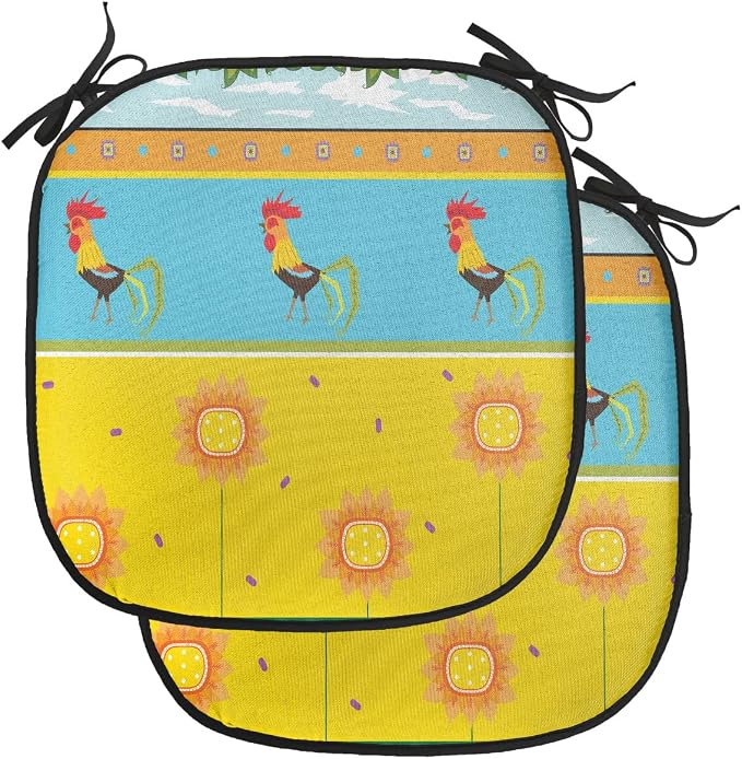 Lunarable Gallus Chair Cushion Pads Set of 2, Rooster Pattern with Sunflowers Summer Greenery Sky Floating Clouds Clipart, Anti-Slip Seat Padding for Kitchen & Patio, 16"x16", Earth Yellow Blue