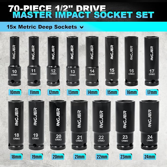 1/2" Impact Socket Set,70PCS SAE/Metric, 1-1/4"/10-24mm, CR-MO Alloy Steel | 6 Point Cr-MO Alloy Steel for Auto Repair, Easy-to-Read Size Markings, Rugged Construction, Storage Case