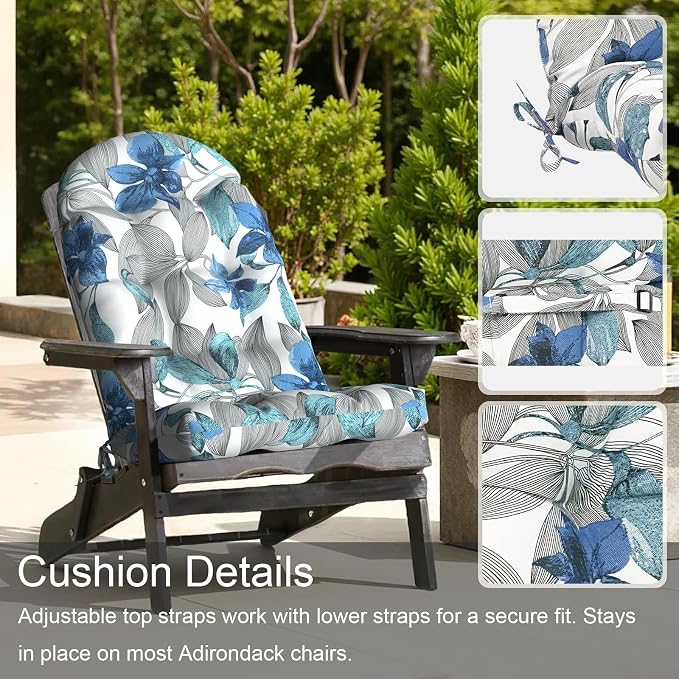 LVTXIII Outdoor Adirondack Chair Cushions, 44x19x4 Inch Non-Slip High Back Rocking Chair Cushion, Tufted Seat Cushion for Patio Furniture, Set of 2, Clemens Noir Blue