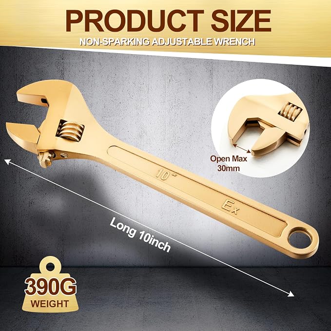 Hicarer 10 Inch Non-Sparking Adjustable Wrench, Aluminum Bronze Tool | Non-Magnetic, Oil & Gas Industry, Chemical Facilities, Hazardous Environments, Industrial Safety Applications