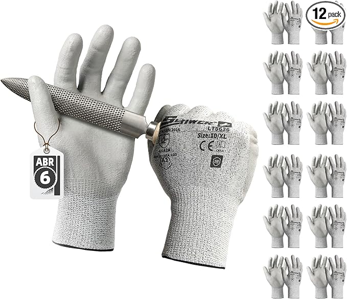 Schwer 12 Pairs Safety Work Gloves with Certified Level 6 Abrasion Resistance, ANSI A2 Cut Resistant Working Gloves with Grip for General Use, Construction, Gardening, Mechanic, 3D-Comfort, LT5636, XL