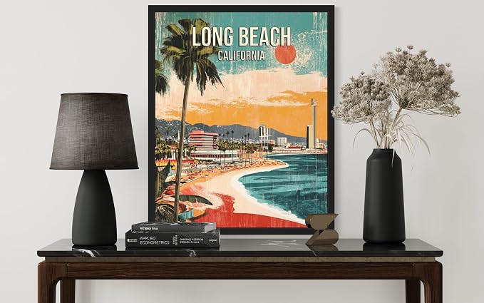 Long Beach California Black Framed Wall Art Print Poster, US Vintage Retro Beach Scenery Posters Prints for Restroom Home Picture Painting Artwork Gallery 219 (Long Beach California, 16 x 20 inches, Black Frame)