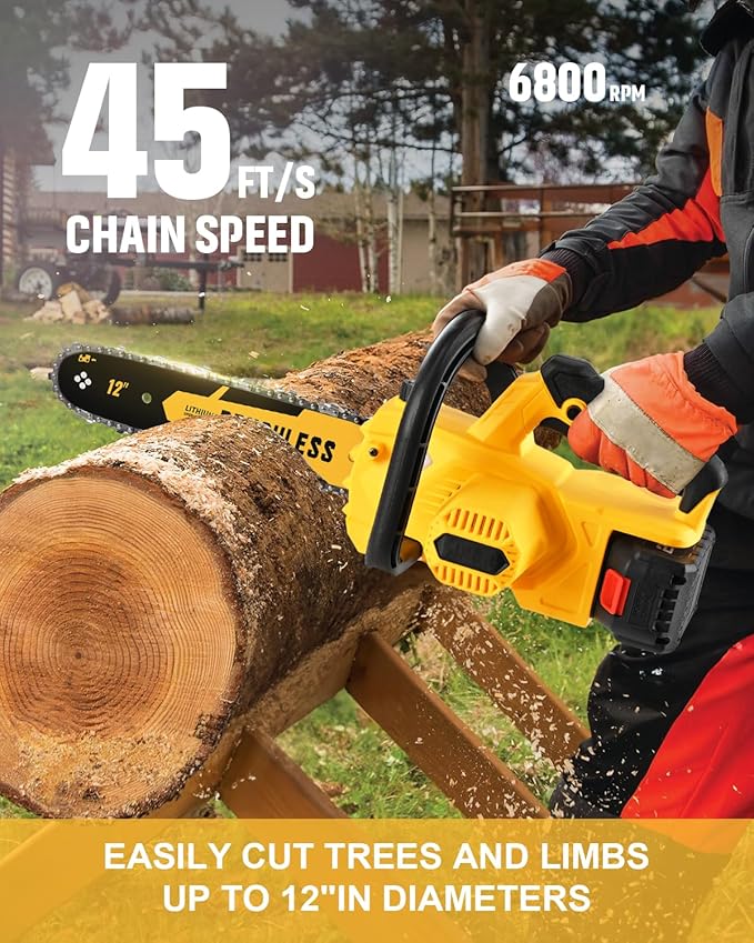 12 Inch Brushless Cordless Chainsaw for 20v Max Battery with Auto Oiler, 45Ft/s 1100W Electric High-Efficiency, No Installation Required, Yellow (Battery Not Included)