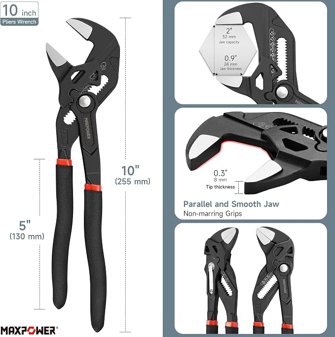 MAXPOWER 7" 10" inch Pliers Wrench, 1.57" & 2" Jaw, Smooth Parallel Jaws