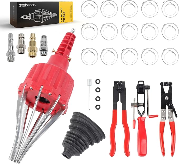 Dasbecan Upgraded Pneumatic CV Boot Expander Tool, CV Boot Clamp Tool Kit | Universal CV Axle Boot Spreader with 3 CV Joint Boot Clamp Pliers , 1 Boot, 15 Clamps and 4 1/4" NPT Air Hose Nipple