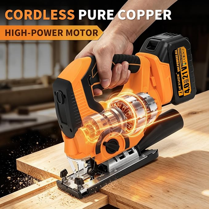 JEXUGK Cordless Jigsaw, 21V Power Jig Saw with 2 x 4.0Ah Batteries, 4 Orbital Settings, ±45° Bevel Cuts, 3200 RPM Variable Speed Jigsaw Tool with 12 Blades, Jigsaw Cutter for Wood Metal Cutting