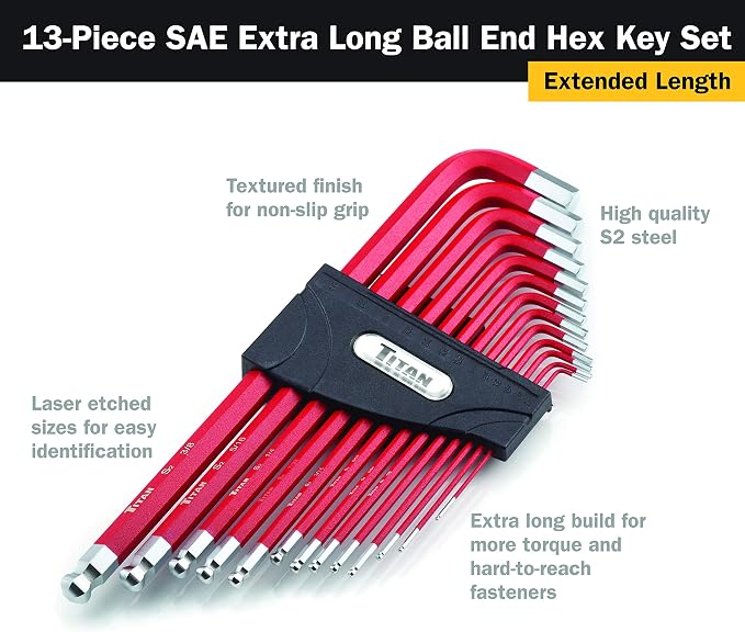 Titan 12713 Extra-Long Arm Ball Tip SAE Hex Key Set, 13 Piece