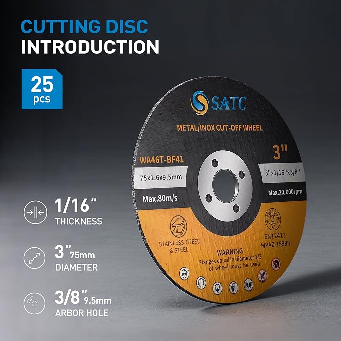 S SATC Grinder Wheel 25 PCS Cut Off Wheels 3 Inch Cut Off Wheel 3" x1/16 x3/8" Fits Any Angle Grinder Air Tool