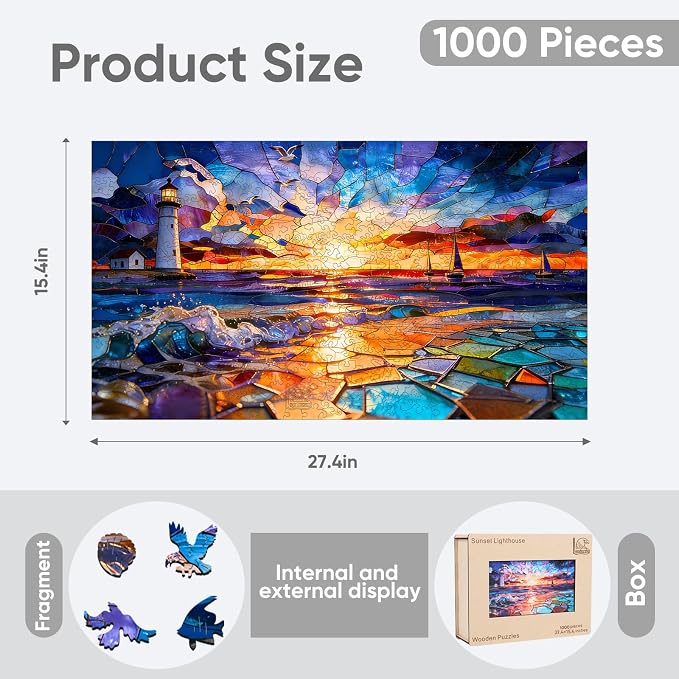 Leodozzio 1000Pcs Wooden Jigsaw Puzzle Sunset Lighthouse Decor 17x23.2in | 5mm think safe wood,hand-painted unique shape pieces,Sunset Lighthouse art Decor,relaxing brain teaser,Gift for Adults&Teens