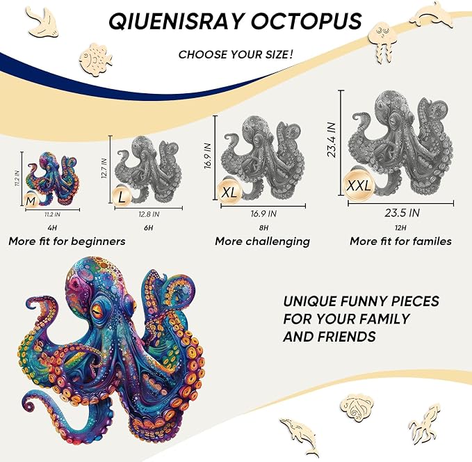 Qiuenisray Wooden Puzzles for Adults, Octopus Ocean Jigsaw Puzzle 200 Piece | Cool Wood Puzzle Wall Decor, FSC Certified Unique Animal Adult Puzzles Piece, Creative Gift for Family Game 11.2