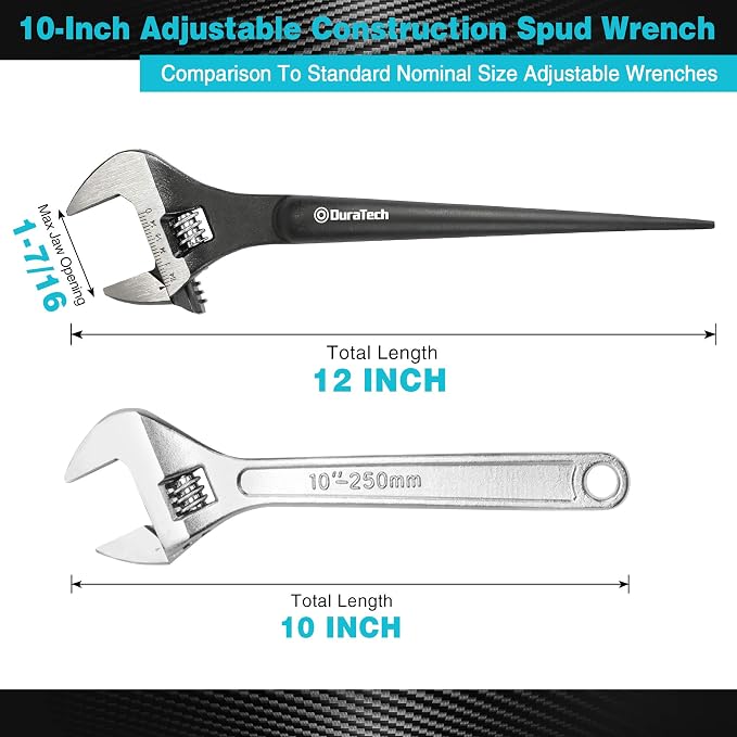DURATECH 10-Inch Adjustable Construction Spud Wrench | Black Oxide Finish, CR-V Steel, SAE and Metric Scale Marked, Alignment Holes and Tail Crowbar Features