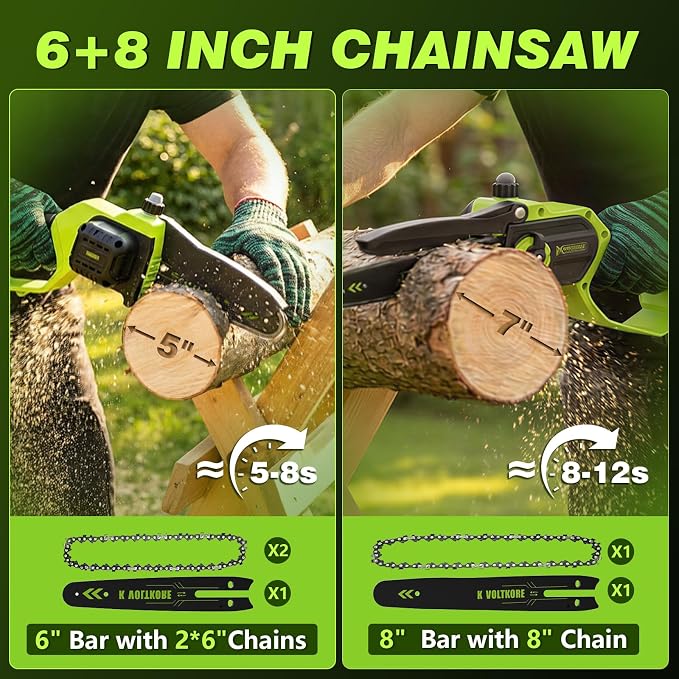 Mini Chainsaw 8 Inch & 6 Inch Bar, Electric Small Chainsaw Battery Powered | 2-Battery & 3-Chain, One Hand Operation, Brushless, Auto Oiler, Lightweight Handheld Chainsaw for Women and Beginners, Green