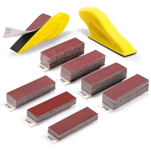 POLIWELL Micro Sanding Tools 3.5” x 1” Detail Sander for Small Projects, Mini Handle Sander Kit+ Sandpaper 40 80 120 180 240 400 600 Grit for Crafts Wood Finishing Tight Narrow Spaces, 120 PCS