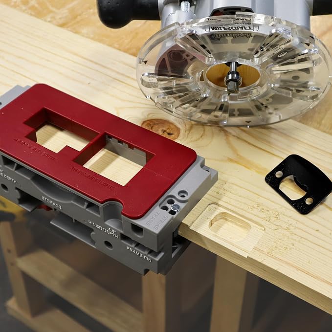 Milescraft 1229 HingeJigPLUS – Dual Clamping Door Hinge Jig Door Hinge Mortiser. Complete Hinge Installation Kit Rout Mortises from 2.5” to 4.5”. Strike and Latch Plates Included for Standard Doors