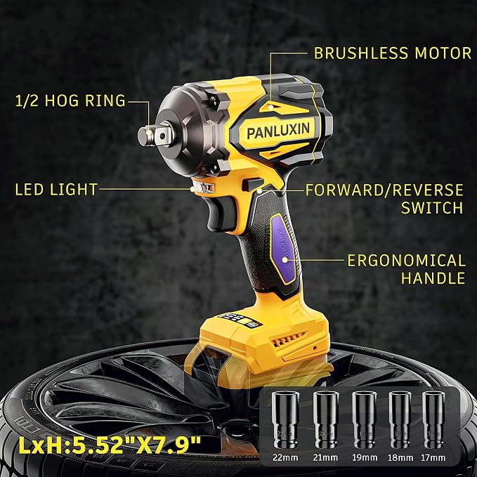 Cordless Impact Wrench for DeWalt 20V Battery,1/2 inch Power Impact Wrench, Brushless Electric Impact Gun 665Ft-lbs(900N.m) High Torque Impact Driver with 3-Mode, LED Work Light(No Battery)