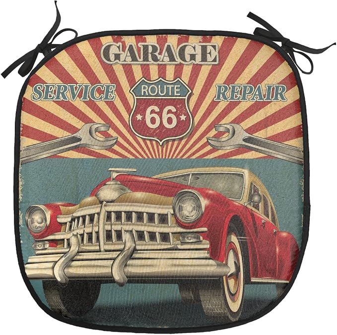 Lunarable Americana Chair Cushion Pads Set 12, Vintage Garage Artwork with a Nostalgic Car Illustration Retro Vibes Route 66 Print, Anti-Slip Seat Padding for Kitchen & Patio, 16"x16", Teal