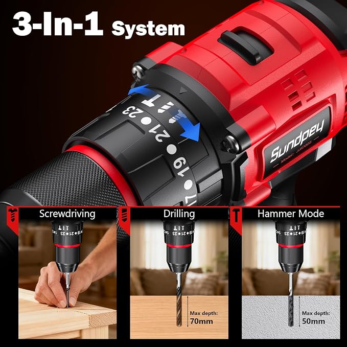 Sundpey Cordless Power Drill Set - 620in-lbs 23+3 Brushless Electric Drill w/ 2 × 2.0Ah Battery & LED Light & 3/8" Metal Chuck & Fast Charger - Electric Screwdriver for Home DIY Woodworking Men Women