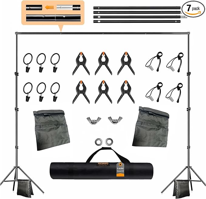 Backdrop Stand, Photo Video Studio 8.5 x10ft Adjustable Background Support System Kit with 2 Sandbag, 6 Backdrop Spring Clamp and Carry Bag for Photoshoot, Parties, Baby Shower, Birthday, Wedding