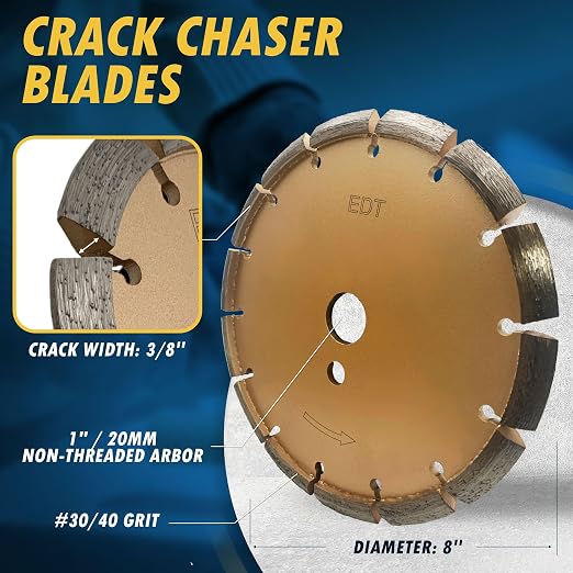 8" Crack Chaser Blade for Cured Concrete, Asphalt Repair or Joint Widen, 0.375" Width, 1"/20mm Arbor