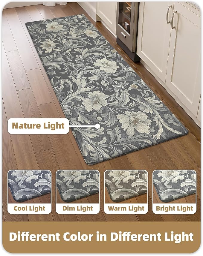 Color&Geometry Floral Kitchen Mat 24"x59", Anti Fatigue Mats for Kitchen Floor, Kitchen Rugs Non Slip, Waterproof & Oil Proof Kitchen Runner for Standing Desk Office, Sink - Grey