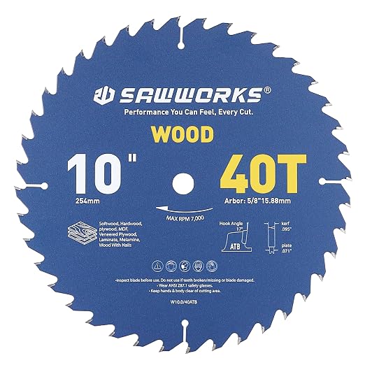 SawWorks 10" 40T ATB Carbide Circular Saw Blade, General Purpose & Finish for Table Saw, for Hobbyists & Contractors, 5/8" Arbor