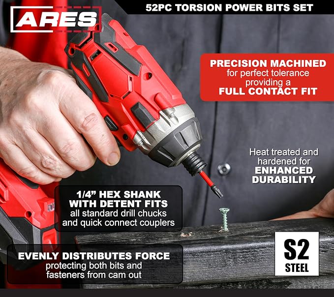 ARES 31022-52-Piece Torsion Power Bit Set with Sliding Bit Holder – Includes Standard and Reduced Philips, SAE Hex, Standard Torx, Slotted, Double-Ended Power, and Square