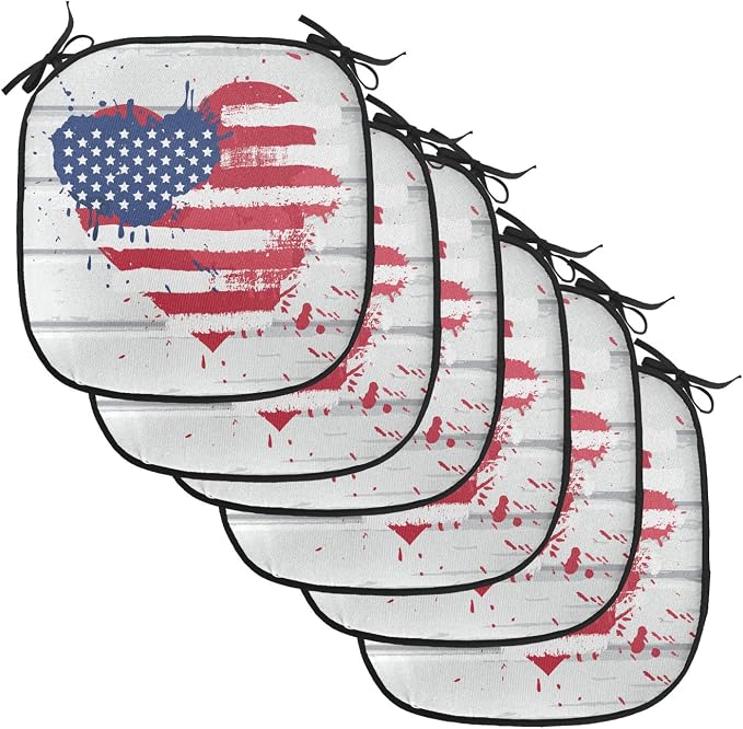 Lunarable Americana Chair Cushion Pads Set of 6, USA Flag in Heart Shape on Wood Holiday Splattered Grunge Style Illustration, Anti-Slip Seat Padding for Kitchen & Patio, 16"x16", Cream Red Blue
