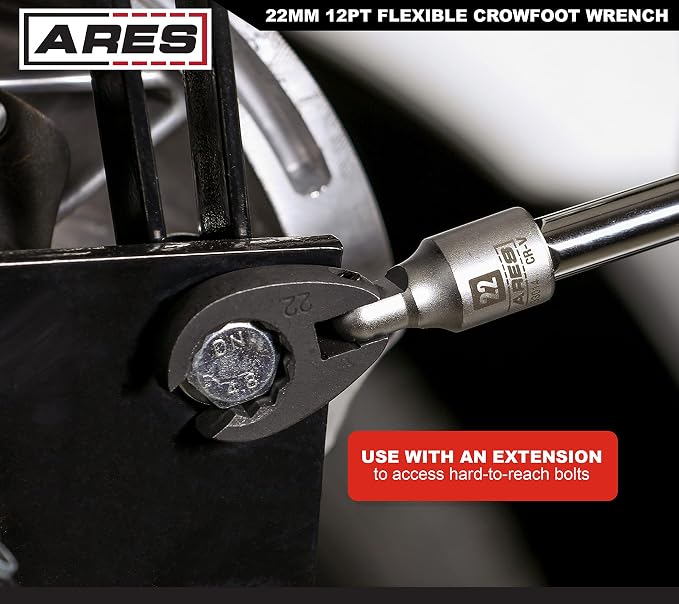 ARES 33014 1/2-In Drive Flexible Crowfoot O2 Sensor Wrench - 22mm 12pt | 180-Degree Flex Head for 90-Degree Access to Hard-to-Reach Bolts