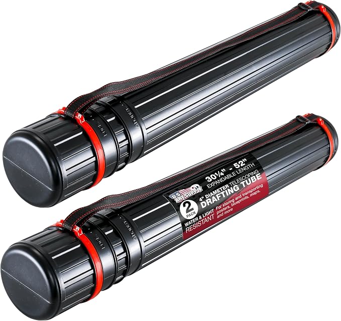 U.S. Art Supply Black Telescoping Drafting Tube (Pack of 2) - 4" Outside/3-3/4" Inside Diameter, Expands 30-1/4" to 52", Durable Protection with Shoulder Strap - Ideal for Posters, Blueprints, Art