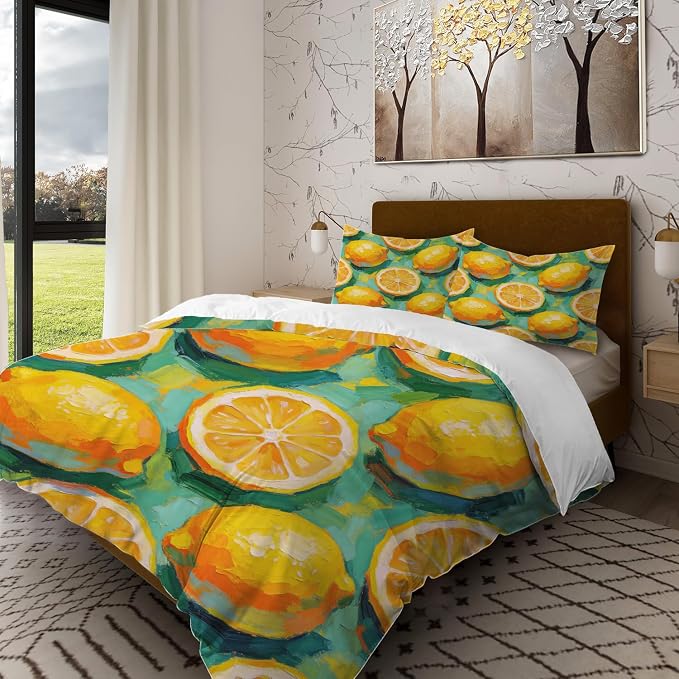 Batmerry Lemons Twin Size 100% Cotton Duvet Cover Sets, Impressionistic Lemon Pattern Bedding Set with Zipper Closure Corner Ties, 3 Pieces (1 Cover + 2 Pillowcases No Comforter)