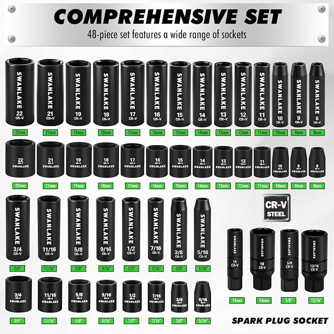 105-Piece 3/8" Drive Impact Socket Set, SAE (5/16 to 3/4 inch) and Metric (8-22mm) 6 Point CR-V Steel Socket Wrench Set, Extension Bars, Universal Joint, Ratchet Handle, Screwdriver Bit Mechanic Tool