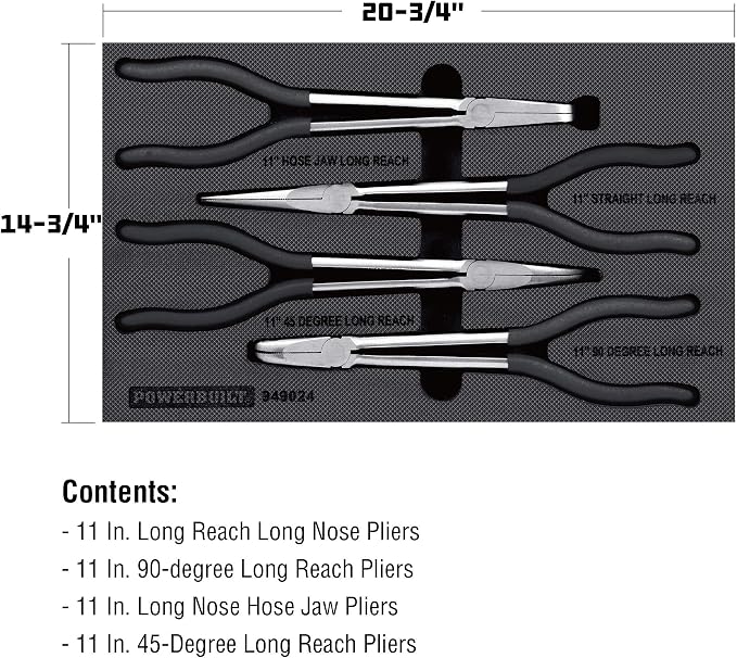 Powerbuilt 4-Piece Pro Tech 11-Inch Long Reach Pliers Set – Long Nose, 45° & 90° Bent Nose, Hose Clamp Pliers, CrMo Steel, Double-Dip Comfort Handles, EVA Tray – 949024