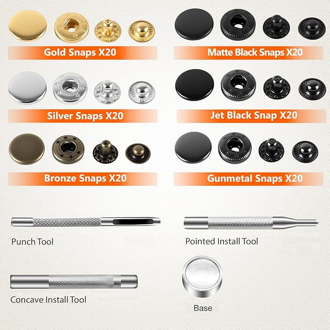 Alritz 120 Set Leather Snap Fasteners Kit, 12.5mm Metal Button Snaps Press Studs with 4 Setter Tools, 6 Colors Leather Snaps for Clothes, Jackets, Jeans Wears, Bracelets, Bags