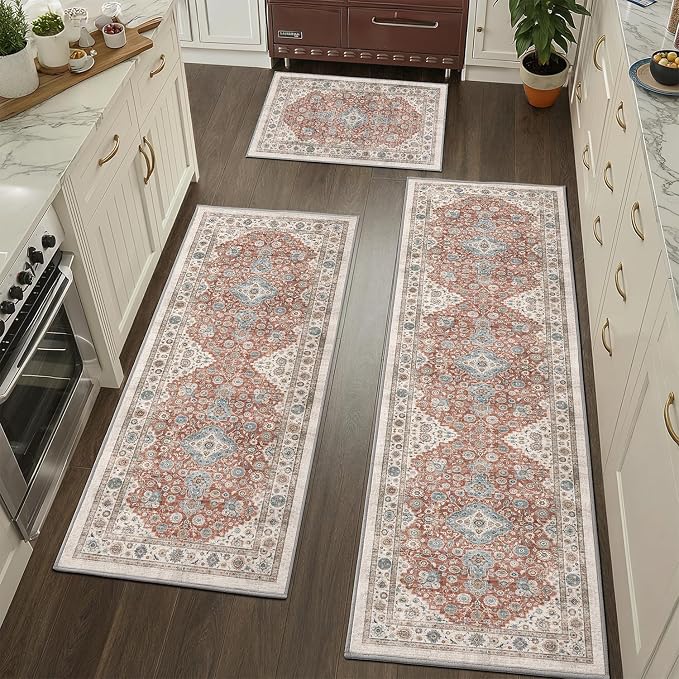 Color&Geometry Vintage Kitchen Rugs Sets of 3, Machine Washable 4mm Ultra Thin Stain Resistant Kitchen Floor Mats, Non Slip TPE Backing Runner for Sink,Hallway,Laundry,Entryway (2x3+2x5+2x7)